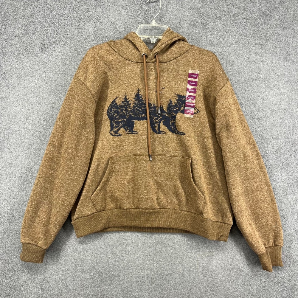 Berkley Jensen Mens‎ XL Fleece Pullover Hoodie Bear Tree Graphic Brown